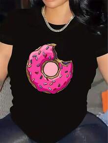 Lightweight And Durable Short-Sleeved T-Shirt With A Pink Donut Design, Suitable For Home Or Casual Outings To Restaurants, Offering A Comfortable Everyday Wearing Experience. - 黑色 - 查看 1
