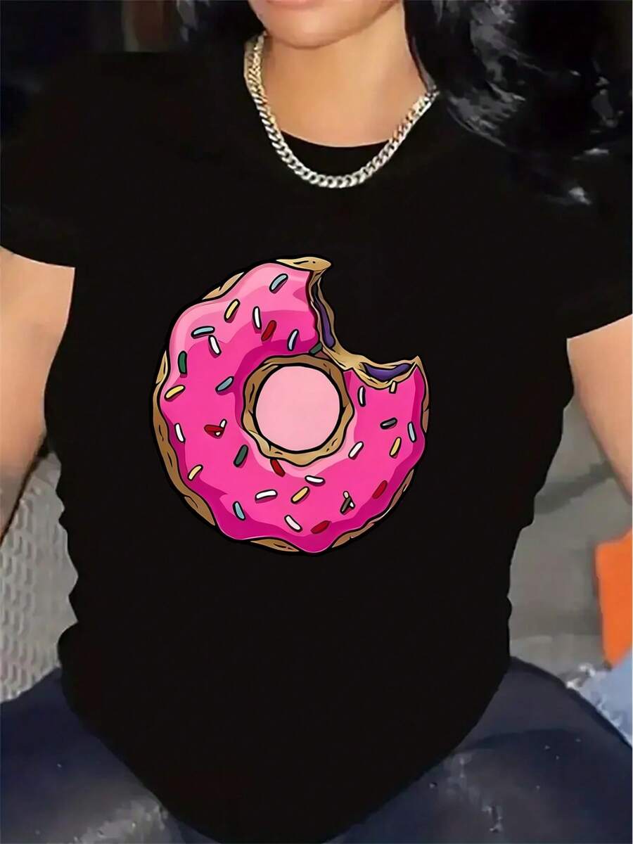 Lightweight And Durable Short-Sleeved T-Shirt With A Pink Donut Design, Suitable For Home Or Casual Outings To Restaurants, Offering A Comfortable Everyday Wearing Experience. - 黑色 - 查看 1