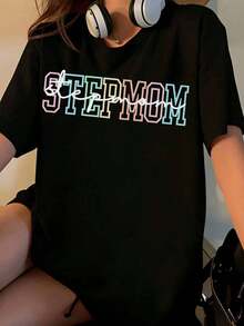 Women's Rainbow Letter Print Mother's T-Shirt, Casual Summer Top, Mother's Day Gift, Fashionable Mother's T-Shirt - 黑色 - 查看 7