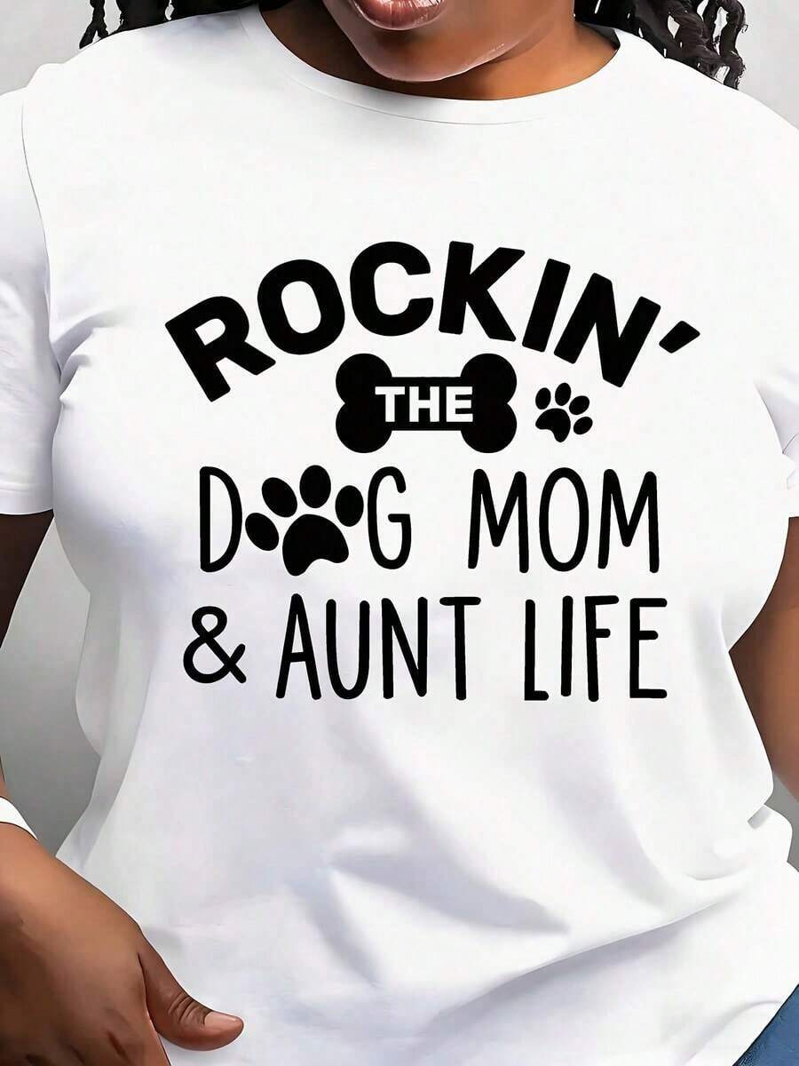 Modern And Minimalist Women's T-Shirt "Rockin' The Dog Mom And Aunt Life", Round Neck, Short Sleeve, Daily Wear For Pet Lovers And Family Style, Perfect For Daily Outings And Relaxation Moments. - 白色 - 查看 1