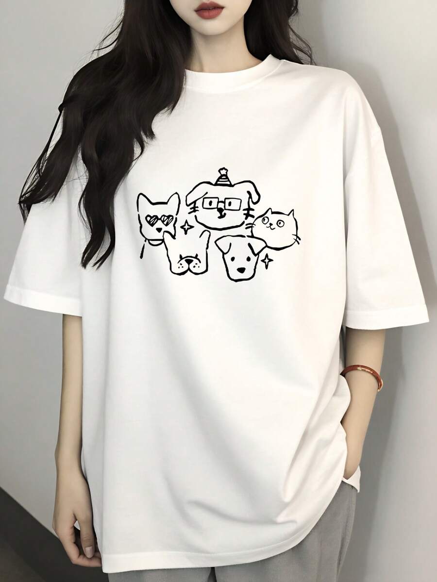 Women's Short-Sleeved T-Shirt With Minimalist Cat And Dog Illustration Print, Unisex, Available In Black, White, Red, Light Gray And Dark Gray, Casual And Classic Style, Ideal As A Gift For Everyday Use. - 白色 - 查看 1
