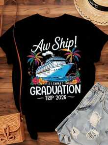 2023 Graduation Travel T-Shirt For Graduates, Summer Holiday Celebration T-Shirt With Boat And Palm Tree Design, 220g - Vintage Urban Style, Unisex Short Sleeve Crew Neck T-Shirt Made Of 100% Pure Cotton - 黑色 - 查看 4