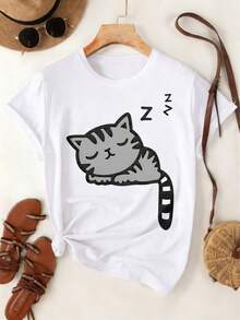 Modern And Minimalist Short-Sleeved T-Shirt For Women, Black And White Print, Fashionable Top, Casual, Suitable For Everyday Wear And As A Mother's Day Gift, Ideal For Spring And Summer. - 白色 - 查看 1