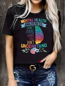 Camiseta Suave de Talla Grande para Mujer con Diseño de Concientización sobre Salud Mental - Tela suave, elástica y opaca, cuello redondo, manga corta, con un llamativo diseño de cerebro y un eslogan, camiseta casual para primavera/verano, lavable a máquina, ajuste cómodo, blusas elegantes para mujer. - Negro - Ver 1