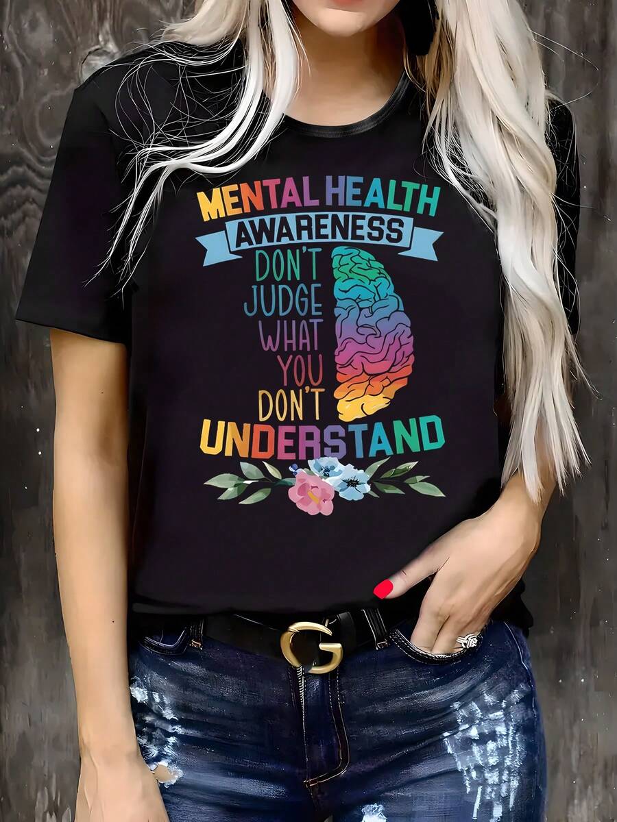 Camiseta Suave de Talla Grande para Mujer con Diseño de Concientización sobre Salud Mental - Tela suave, elástica y opaca, cuello redondo, manga corta, con un llamativo diseño de cerebro y un eslogan, camiseta casual para primavera/verano, lavable a máquina, ajuste cómodo, blusas elegantes para mujer. - Negro - Ver 1