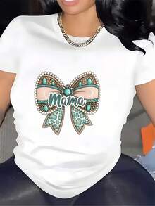 Fashionable T-Shirt For Mom With Bow - Casual Short-Sleeved Crew Neck T-Shirt, Machine Washable, Perfect As A Mother's Day Gift, For Family Gatherings And Everyday Casual Wear, A Must-Have Item In Moms' Wardrobes All Year Round - Unisex Cotton Loose-Fitting Short-Sleeved Crew Neck Urban Vintage Style T-Shirt. - 白色 - 查看 7