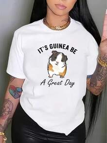 Camiseta de manga corta deportiva de cuello redondo a con gráfico de hámster de dibujos animados para mujer - Blanco - Ver 3