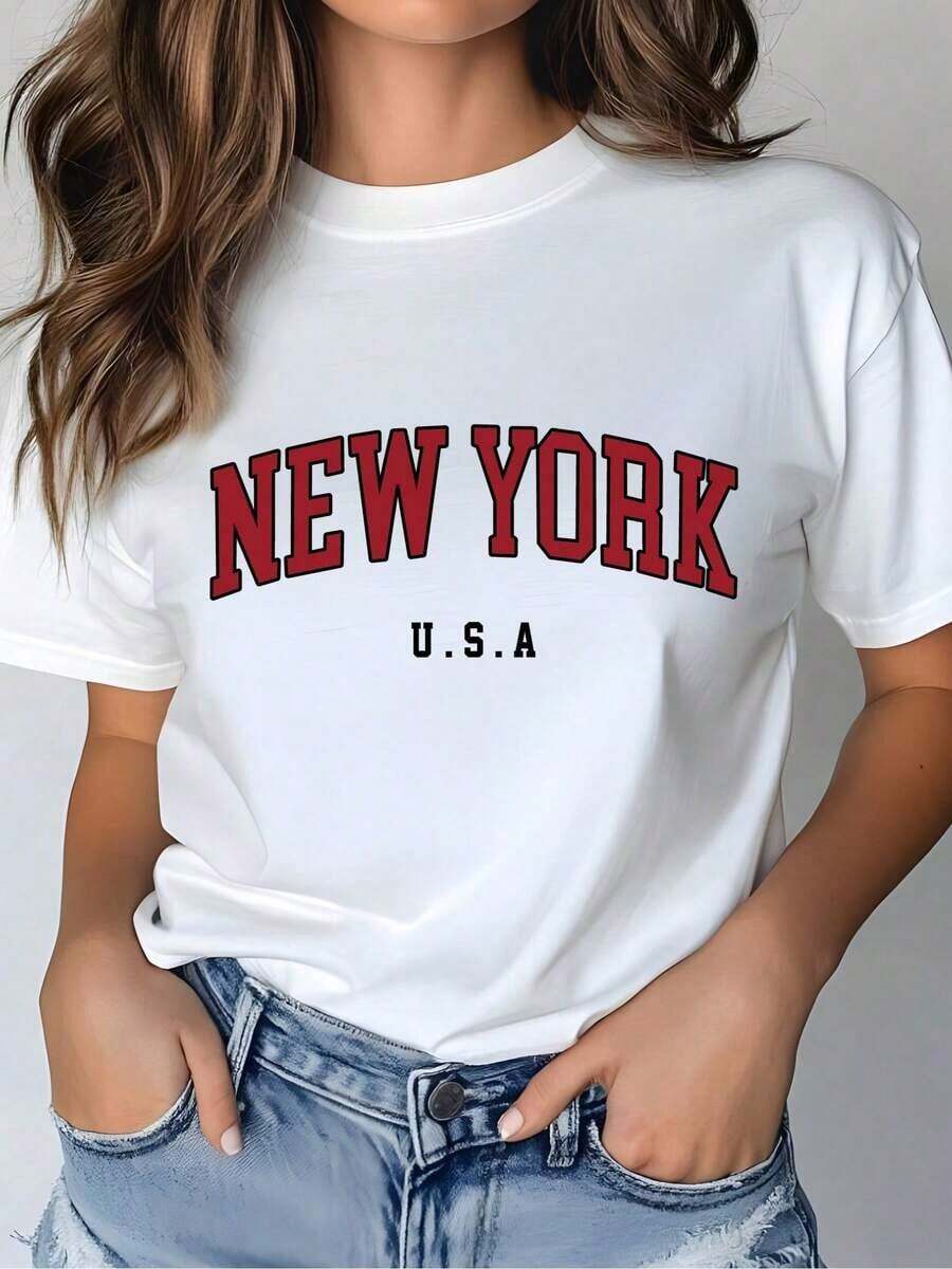 Women's Casual Short Sleeve T-Shirt With New York Letter Print - Oversized Summer Clothes - Cotton Crew Neck T-Shirt - Casual Summer Outfit For Women - Loose Fit T-Shirt For Everyday Wear - 白色 - 查看 1