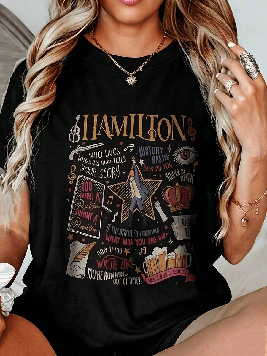 Women's Casual Summer T-Shirt, Hamilton Musical Collage Print T-Shirt For Fans - 黑色 - 查看 1
