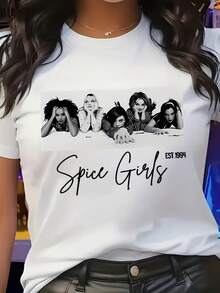 Spi Girls Print Summer T Shirts Viral Womens T-Shirts Black White Portrait With Handwritten Letter Design T-Shirt, Summer Daily Fashion Short Sleeve Tee For Ladies - 白色 - 查看 1