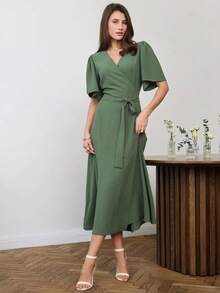 French Maxi Dress With V-Neck, Tie And Fitted Waist, Spring Summer 2026 - 綠色 - 查看 5