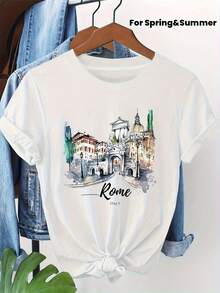 Women's Round Neck T-Shirt For Spring And Summer With A Watercolor Illustration Pattern Of Iconic Buildings In Rome, Italy - 白色 - 查看 1