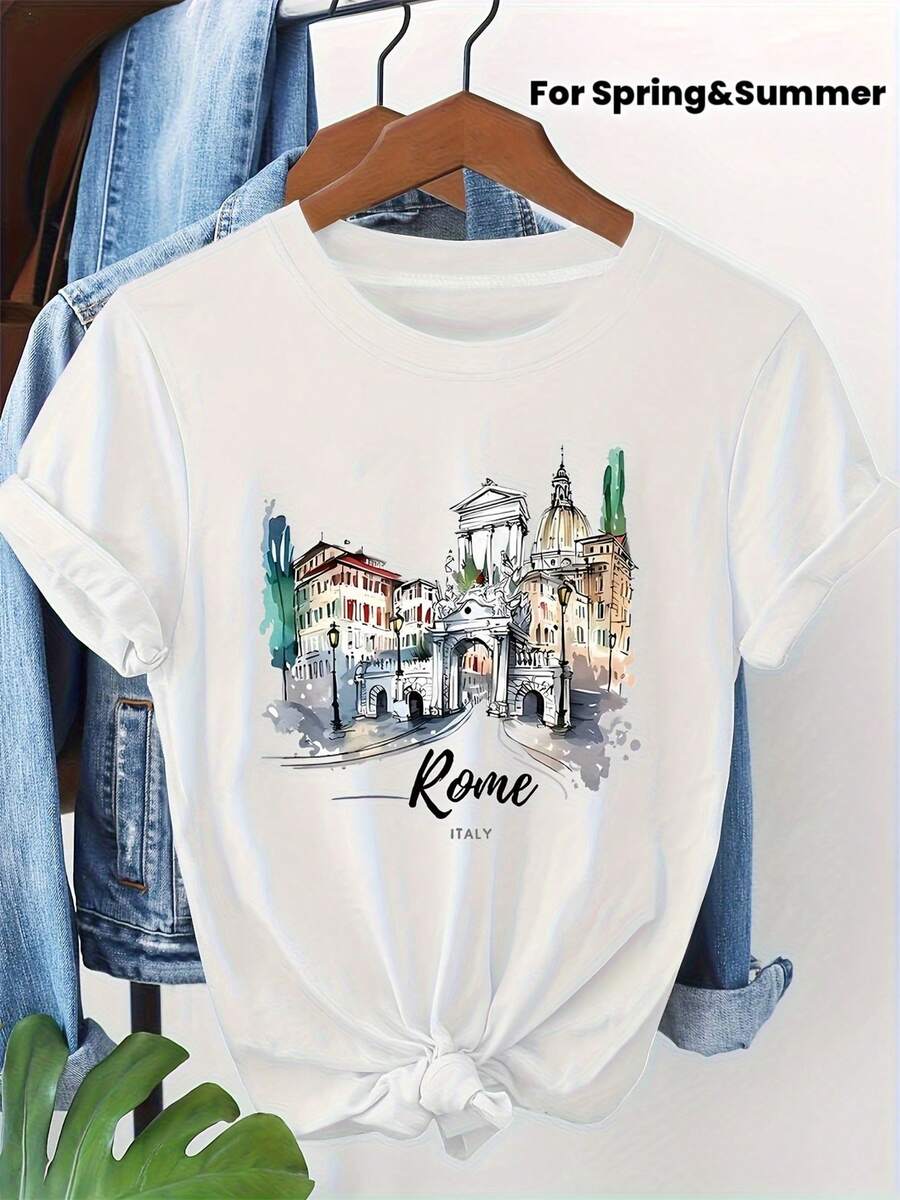 Women's Round Neck T-Shirt For Spring And Summer With A Watercolor Illustration Pattern Of Iconic Buildings In Rome, Italy - 白色 - 查看 1