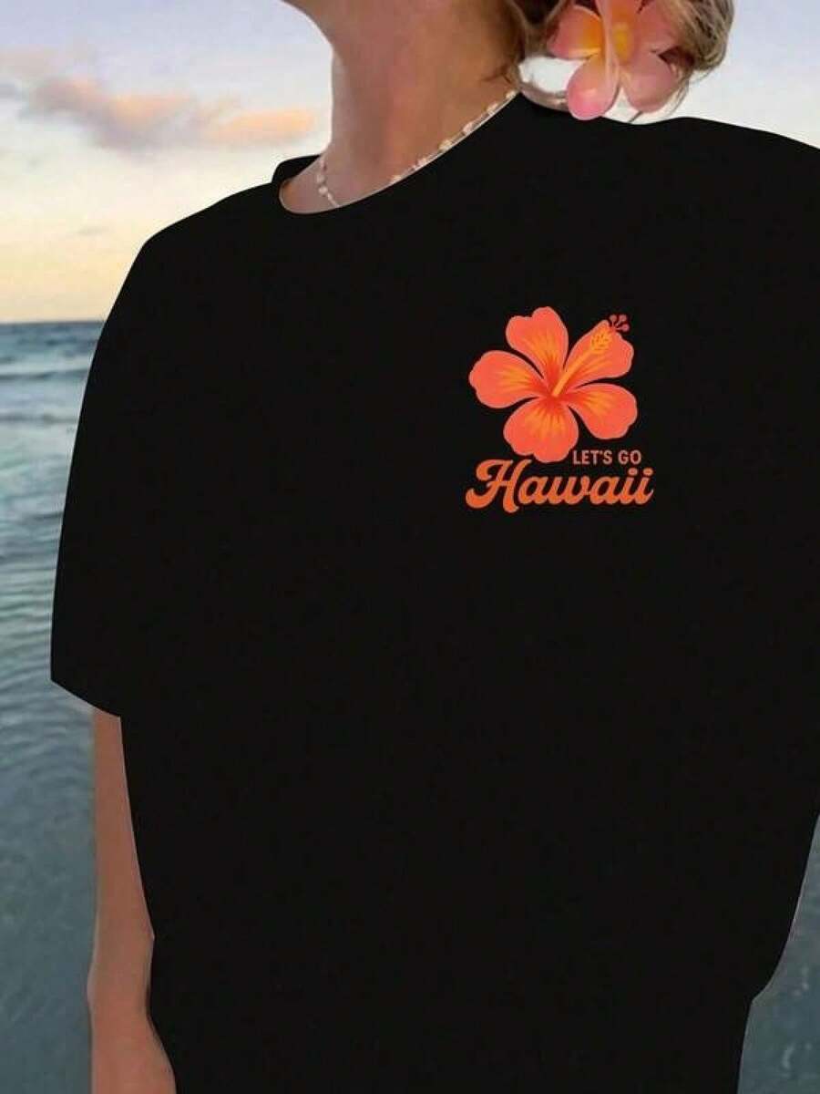 Camiseta negra informal de manga corta con cuello redondo para hombre,Camisetas Para Mujer Camiseta única Hawaii diseño flor brillante casual estilo playero cómoda versátil adecuada para vacaciones verano talla S/M/L color negro ropa de moda - Negro - Ver 1