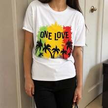 GiftCoconut Round Neck T-Shirt With Coconut Tree Print, Casual Short Sleeve T-Shirt For Spring And Summer, Soft Women's Clothing - 白色 - 查看 1