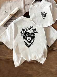 New Collection 2026: Cotton T-Shirt, Printed On The Front And Back, With A Cow Head Design With Sunglasses, Country Style, Short Sleeve And Round Neck For Women, Comfortable Fit, Classic Design, Fashion Item, Double-Sided Printed Top For Women. - 白色 - 查看 8