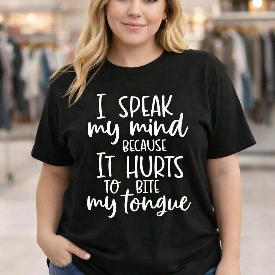 Women's Cotton T-Shirt, "I Speak My Mind Because It Hurts To Bite My Tongue" Print, Casual Short Sleeve Crew Neck Top, Loose Fit, Sizes M-5XL, Comfortable For Everyday Wear, Soft - 黑色 - 查看 1