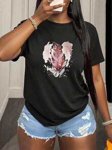 Modern, Casual Women's T-Shirt, For Parties And At Home, 100% Cotton, Loose Fit.Short-Sleeved T-Shirt In And White Featuring A Leaf Heart Motif, Ideal For Casual Outings, A Great Gift For Friends, Made From Lightweight And Durable Material, Suitable For Home Or Dining Environments - 黑色 - 查看 1