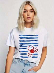 Women's Blouses 100% Cotton Crab Walking Towards The Sea | Versatile Printed T-Shirt For Women, Spring-Summer Season, Machine Washable, 95% Polyester, 5% Spandex, Knit Fabric, Regular Length, Everyday Wear For Men And Women, Women's Tops, Women's Holiday Wear. - 白色的 - 查看 3