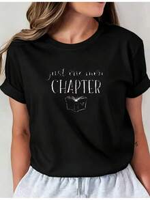 Soft Latest Style Book Print T-Shirt, Casual Round Neck, Short Sleeve T-Shirt For Spring And Summer Vacation, New Women's Clothing, Machine Washable I01, Casual Round Neck Top, Comfortable Women's Clothing, New Arrival - 黑色 - 查看 6