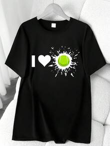 I Love Tennis. Sporty Print T-Shirt. Short Sleeve, Round Neck, High-Elasticity Casual Sports Top. Available In The Machine. Spring And Summer. Women's Clothing. Elegant Party Outfit, T-Shirt For Elegant Ladies, Blouses Suitable For Curvy Women, Casual Wear, Cool And Sweat-Free Summer Clothing, Fun Letter Print. - 黑色 - 查看 1