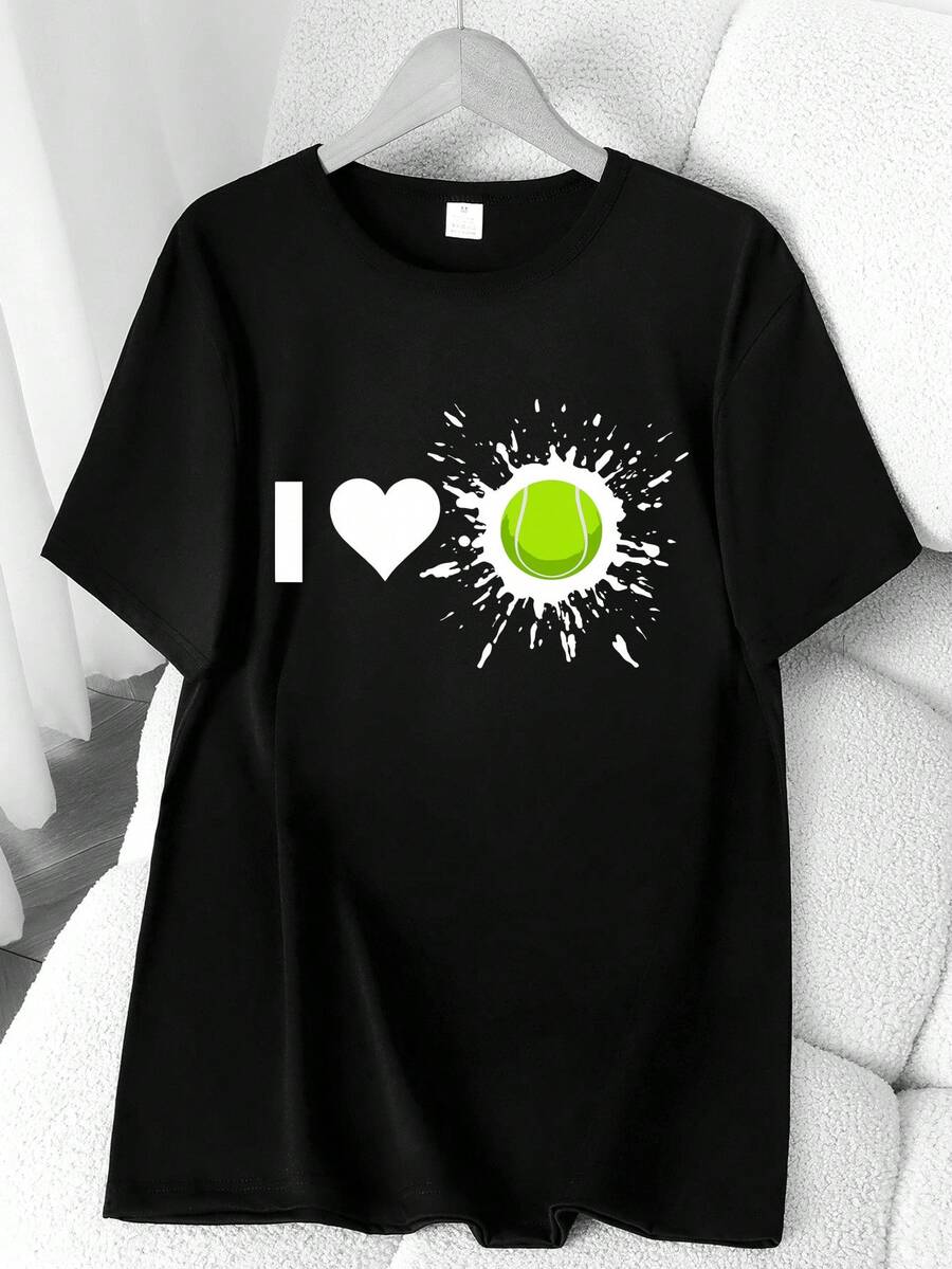 I Love Tennis. Sporty Print T-Shirt. Short Sleeve, Round Neck, High-Elasticity Casual Sports Top. Available In The Machine. Spring And Summer. Women's Clothing. Elegant Party Outfit, T-Shirt For Elegant Ladies, Blouses Suitable For Curvy Women, Casual Wear, Cool And Sweat-Free Summer Clothing, Fun Letter Print. - 黑色 - 查看 1