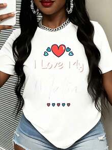 Women's T-Shirt, Black Round Neck T-Shirt With Heart Design And 'I Love My Muffin' Text, Casual Women's Clothing, Everyday Outfit, Summer Style - 白色 - 查看 3