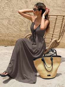Vestido largo y sin espalda con escote en V para playa para mujer - Marrón Mocha - Ver 3