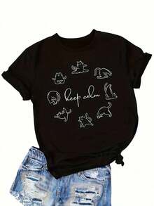 Women's Cat Print T-Shirt, Casual Printed T-Shirt, Round Neck, Short Sleeve, Women's Clothing > Blouses For Women - 黑色 - 查看 4