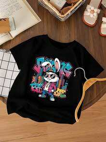 Women's Short Sleeve T-Shirt, Graffiti Style, Hip-Hop Rabbit Print, Casual Black Crew Neck T-Shirt, Elastic, Machine Washable, Suitable For Sports And Leisure In Spring/Summer/Autumn. - Black - View 6