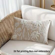 1pc Embroidery-Look Floral Beige Throw Pillow Cover (2D Print, Not Embroidered), Wabi-Sabi Cream Decor Cushion Cover, Faux Velvet Hidden Zipper Pillow Sham, Sold Individually In Two Sizes, Pillow Insert Not Included, Suitable For Bedroom, Living Room, Japanese-Style Inn - Beige - View 6