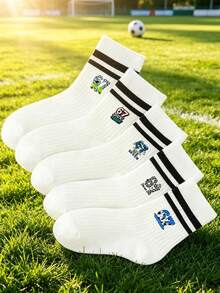 5 Pairs Boys Mid-Calf Sports Socks, Double Stripe With Cartoon Number "67" Design, Versatile Style, Suitable For School And Sports Activities - Multicolor - View 1