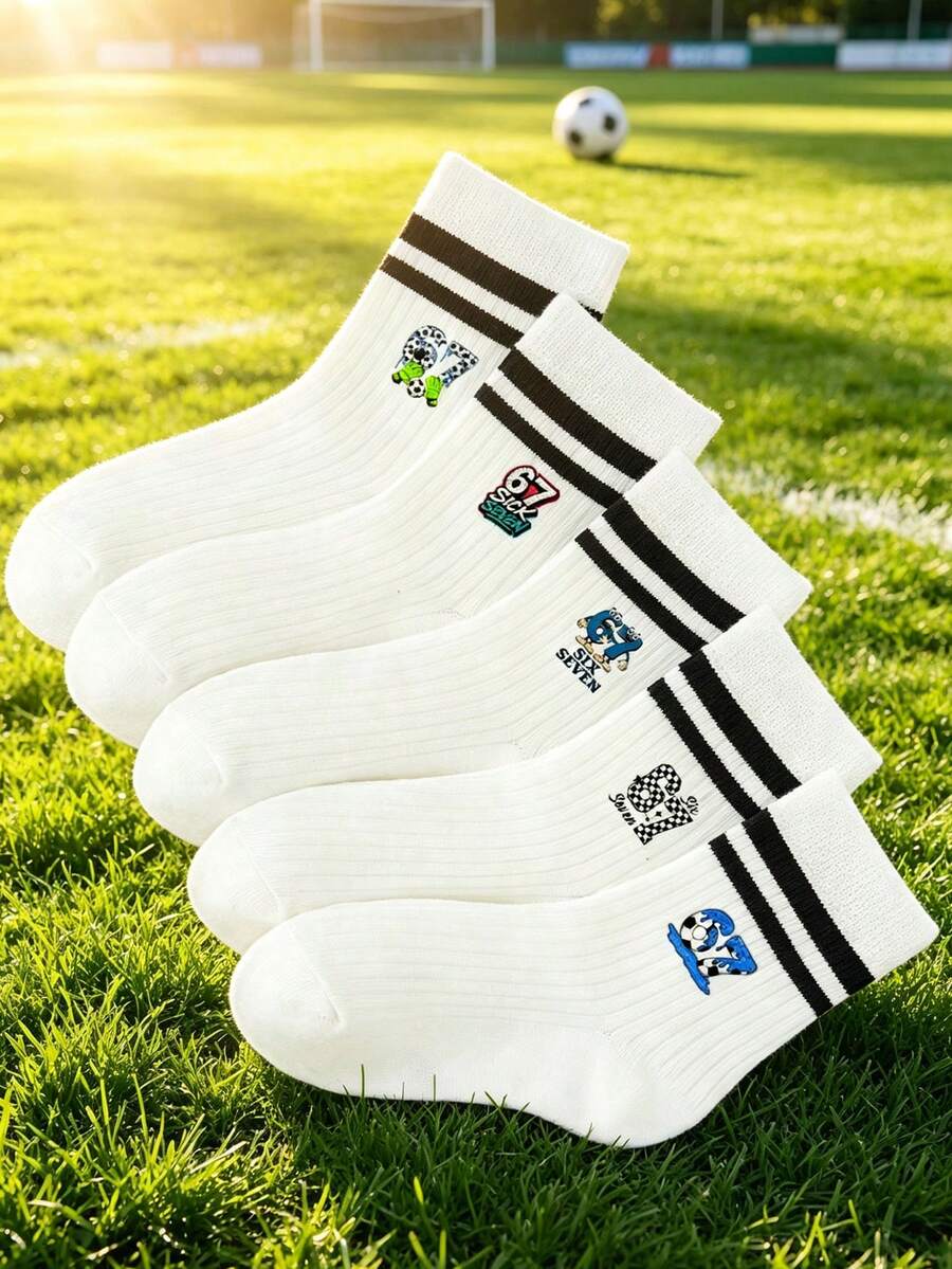 5 Pairs Boys Mid-Calf Sports Socks, Double Stripe With Cartoon Number "67" Design, Versatile Style, Suitable For School And Sports Activities - Multicolor - View 1