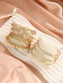 9pcs Minimalist Punk Inspired Metal Bangle Bracelet Set, Versatile For Vacation, Party, Birthday, Daily Wear - Yellow Gold - View 5