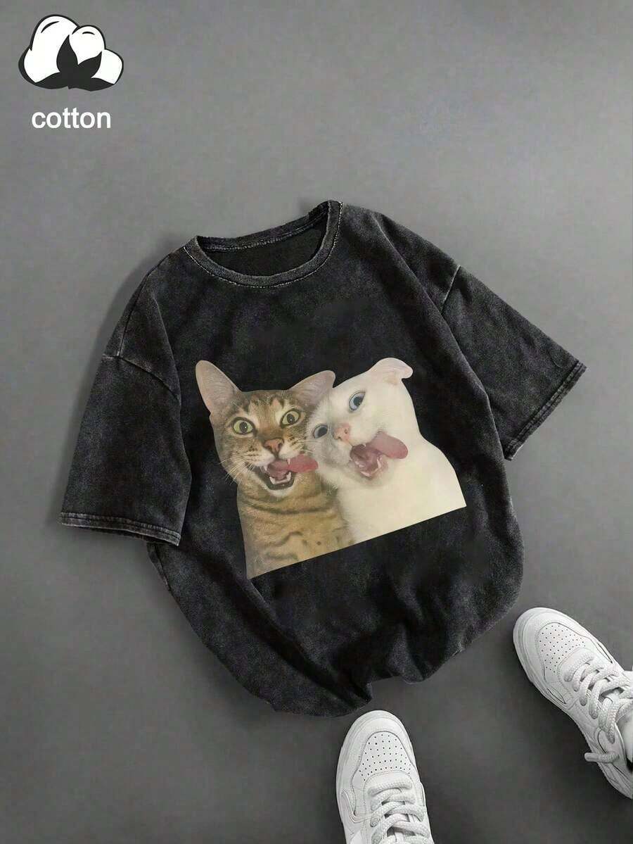 Camiseta de mujer talla grande con estampado divertido de gato, diseño único y adorable, humorístico y llamativo, estilo callejero, de algodón lavado, cuello redondo, manga corta, para uso diario de mujer talla grande, tela de copos de nieve, camiseta vintage desgastada, ropa de mujer talla grande, casual para primavera/verano - Negro 4 - Ver 1
