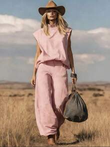 New Women's Fashion Outfit, Western Style, Sleeveless, Suede, Wide-Leg Pants With Tapered Hem, Flattering, Comfortable, Perfect For Autumn Looks, Theme Parties And Stylish Everyday Wear - 粉紅色 - 查看 2