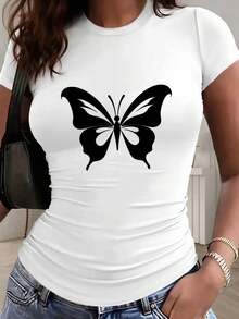 Slim Fit,  Butterfly Print, Simple And Elegant Design - 2 Styles - Women's Casual Sportswear, Solid Color Details With Pleats At The Waist, Short Sleeve T-Shirt With Round Neck Suitable For All Four Seasons. - 白色 - 查看 2