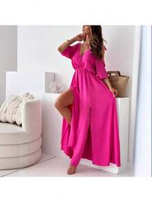 Women's Red Dress With V-Neck, Off-The-Shoulder Lacing, Three-Quarter Sleeves, High Side Slit, Gathered Waist, Flowing Chiffon Fabric, Elegant And Sexy Style Ideal For Summer Vacations, Beach Parties And Formal Evening Events - 玫紅色 - 查看 3