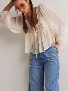 Women T-shirt, Long Sleeve Low-cut Pleated Tie-up See-through Solid Loose Sheer Tops Clubwear - Blanco - Ver 5