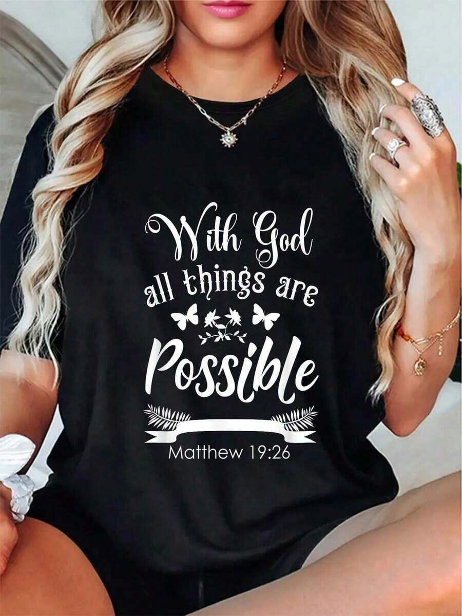 Plus Size, Women's Christian Faith Inspirational T-Shirt With The Phrase "With God All Things Are Possible" (Matthew 19:26) - Black T-Shirt With Bible Verse, Floral Butterflies And Elegant White Lettering, Casual Crew Neck T-Shirt, Soft And Breathable, Religious Clothing With Durable Print - 黑色 - 查看 1
