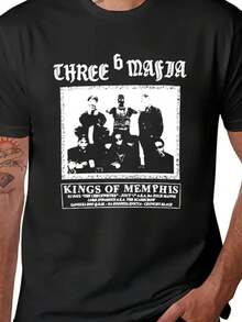 1 Piece, Short Sleeve Sweater With Round Neck And "Three K Six Mafia Kings Of Memphis" Design, For All Seasons, Regular Fit, Knit Fabric, Digital Heat Transfer Design, Black, The Best Gift For Men And Women. - 黑色 - 查看 1