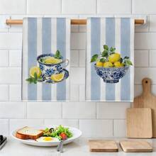 2 buah Handuk Dapur Motif Bunga Biru & Putih Lemon Afternoon Tea, Latar Belakang Bergaris, Handuk Dapur Serat Super Lembut Persegi Panjang, Kain Lap Piring, Kain Pembersih, Handuk Tangan, Handuk Teh untuk Memasak & Memanggang, Dekorasi Dapur, Hadiah Pindah Rumah & Ulang Tahun, Tisu Pembersih Kamar Mandi, Handuk Dekoratif - MultiWarna - View 6