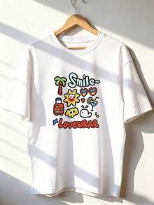 Summer Cartoon T-Shirt With "Smile~" Text, Fashionable Short-Sleeved T-Shirt For Spring And Summer 2026, Made In Mexico, 180 Grams. Cartoon Print, Couple Design, Suitable For Indoor Or Outdoor Wear. Crew Neck, Unisex, Ideal For Office And Leisure. One-Pack. - WH-P631577SLNDXZGY595 - 查看 1
