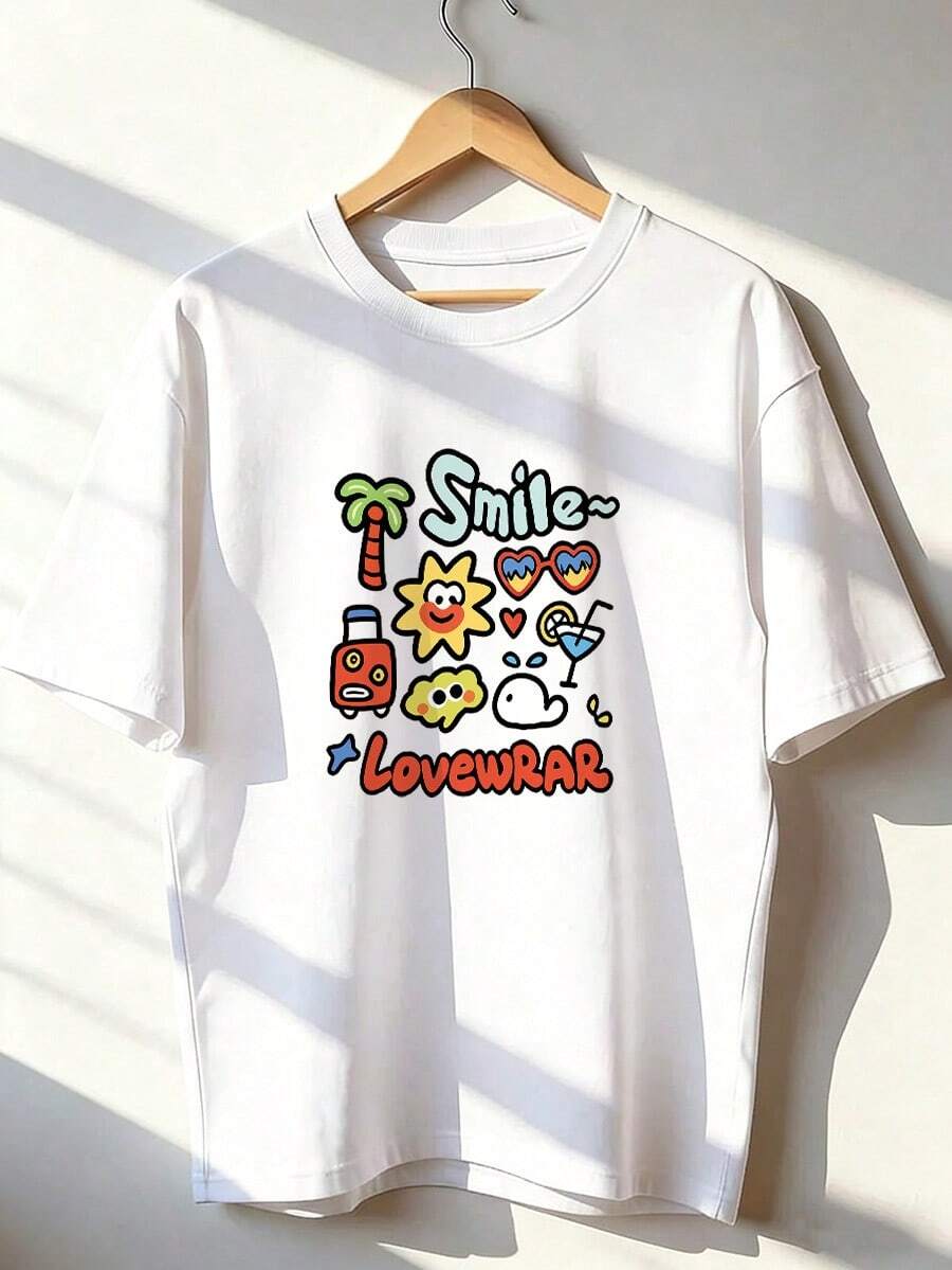 Summer Cartoon T-Shirt With "Smile~" Text, Fashionable Short-Sleeved T-Shirt For Spring And Summer 2026, Made In Mexico, 180 Grams. Cartoon Print, Couple Design, Suitable For Indoor Or Outdoor Wear. Crew Neck, Unisex, Ideal For Office And Leisure. One-Pack. - WH-P631577SLNDXZGY595 - 查看 1