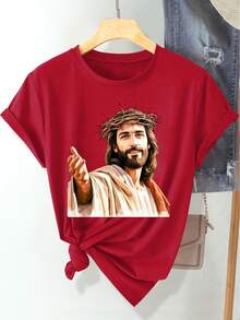 Women's Casual Spring/Summer/Autumn Sports T-Shirt, Soft And Comfortable, Short Sleeve And Round Neck, With The Image Of Jesus (Easter) With A Crown Of Thorns, With A Modern And Elegant Style, Available In Sizes S-XXL. - 紅色 - 查看 1
