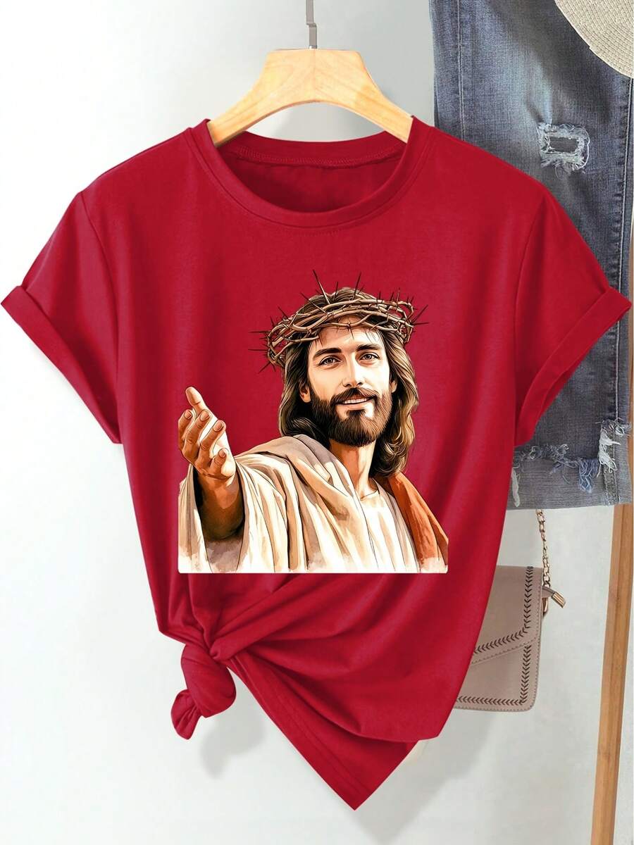 Women's Casual Spring/Summer/Autumn Sports T-Shirt, Soft And Comfortable, Short Sleeve And Round Neck, With The Image Of Jesus (Easter) With A Crown Of Thorns, With A Modern And Elegant Style, Available In Sizes S-XXL. - 紅色 - 查看 1