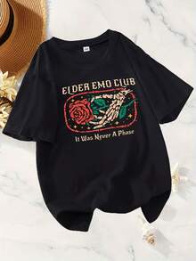 Women's Plus Size T-Shirt With Black Letter Print - Casual Short Sleeve Crew Neck Top With "Elder Emo Club" And "It Was Never A Phase" Designs, Made From Machine Washable Stretch Fabric For Year-Round Comfort, Women's Loose Fit T-Shirt, Eye-Catching, Easy Care, Comfortable And Printed. - 黑色 - 查看 1