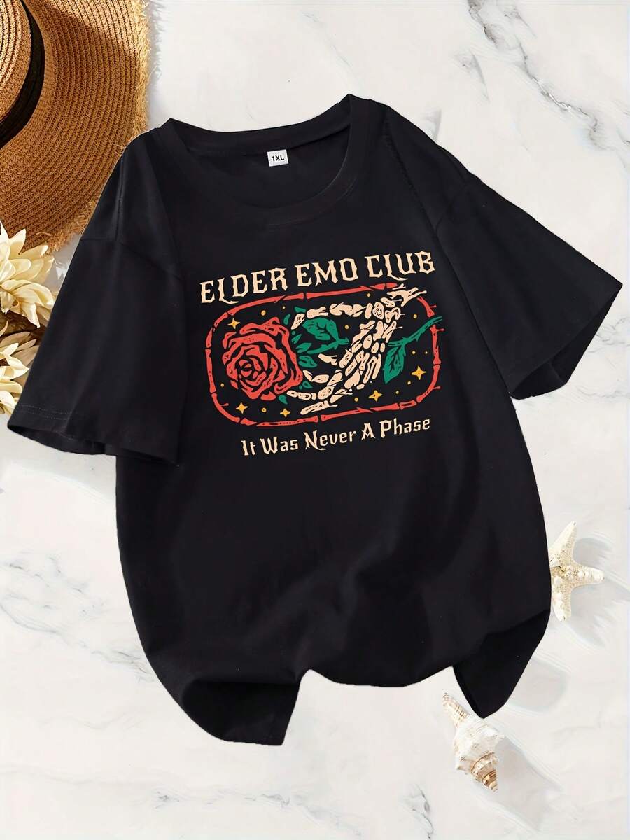Women's Plus Size T-Shirt With Black Letter Print - Casual Short Sleeve Crew Neck Top With "Elder Emo Club" And "It Was Never A Phase" Designs, Made From Machine Washable Stretch Fabric For Year-Round Comfort, Women's Loose Fit T-Shirt, Eye-Catching, Easy Care, Comfortable And Printed. - 黑色 - 查看 1