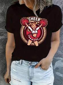 | Exquisite Design | Loose And Comfortable | Easy To Match | Women's Cheerleader Print T-Shirt - Cartoon Cheerleader Design With A Ball, Soft And Stretchy Round Neck, Casual Short Sleeves For Summer, Cheerleader Clothing For Sports And Everyday Wear,  Cheerleader Outfit. - 黑色 - 查看 7