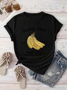 [Latest Model] Camia With Fun Banana Print, Casual Basic Crew Neck Camia, Short Sleeve Camia For Spring/Summer Vacation, Women's Activewear, New Women's Clothing, Machine Washable, Suitable As A Gift. Women's T-Shirt. Blouses>Elegant. Boho Chic, Soft, Breathable And Comfortable Women's Top, Ideal For Spring, Summer And Autumn, Perfect For Vacation, Travel And Everyday Wear. - 黑色 - 查看 1